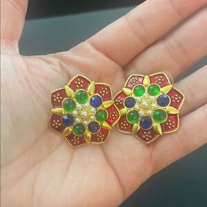 Source Unknown Gold Floral Earrings with Multicolor Gems
